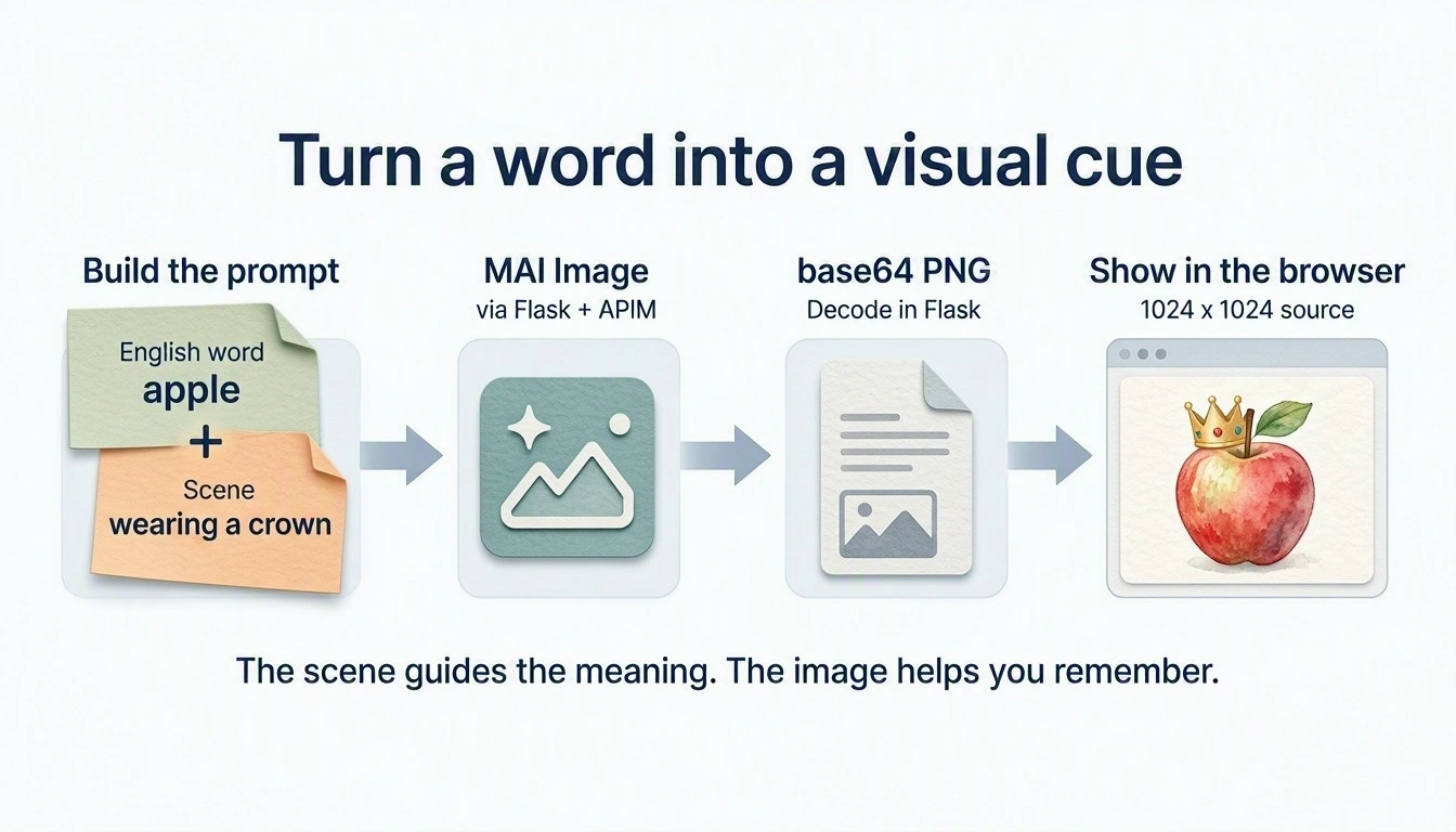 Combine the English word apple with the scene wearing a crown, send the prompt through Flask and APIM to MAI Image, decode its base64 PNG in Flask, and display the image in the browser.