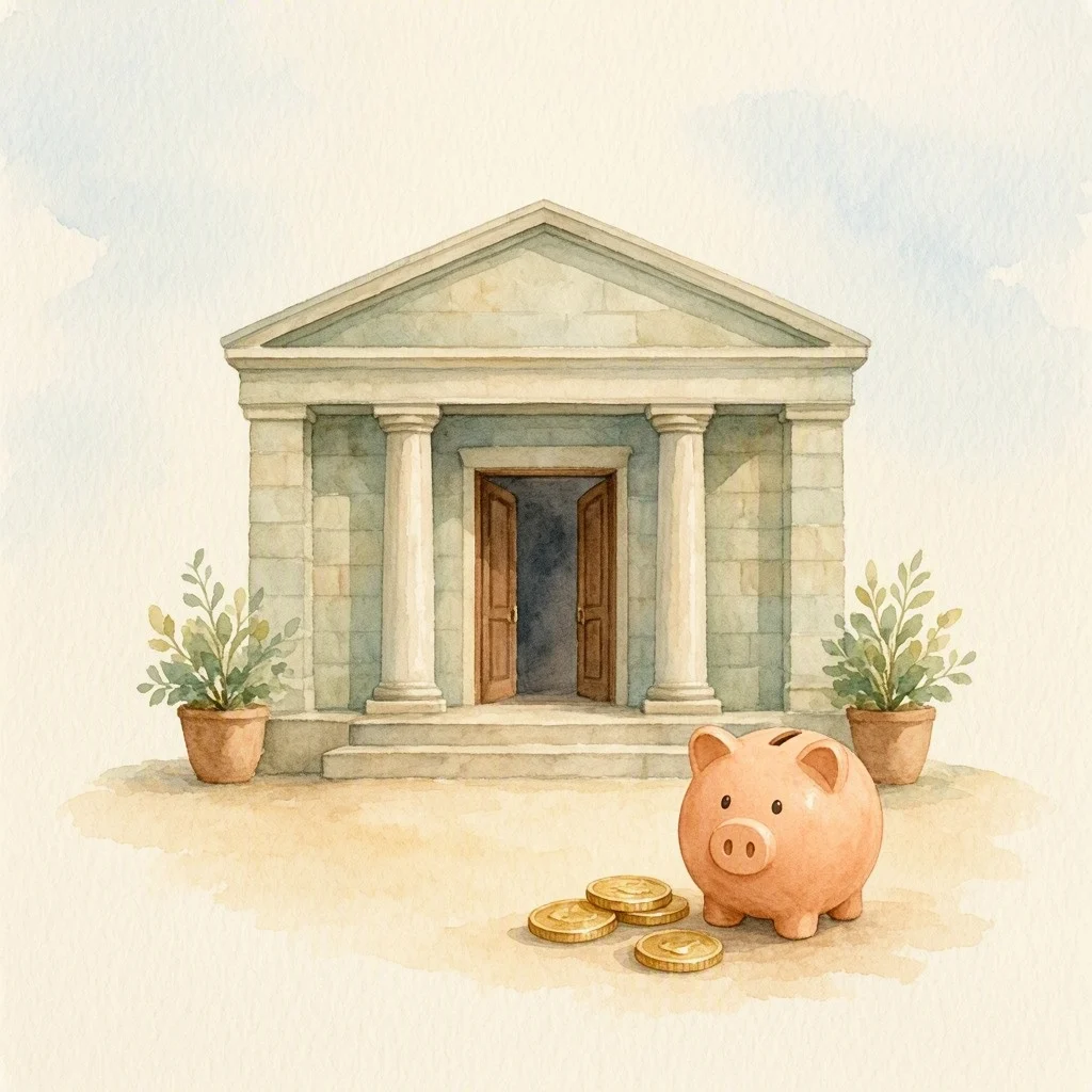 Generated teaching illustration of a savings-bank building with coins and a piggy bank