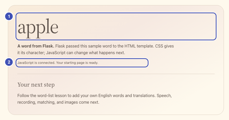The starter page with two numbered outlines: 1 around the word apple, 2 around the line JavaScript is connected.