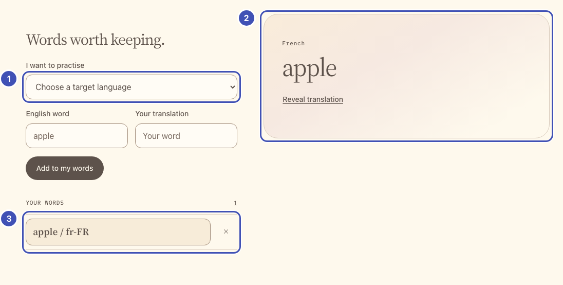 The word list page with three numbered outlines: 1 the language menu, 2 the practice card showing apple, 3 the saved word apple / fr-FR.