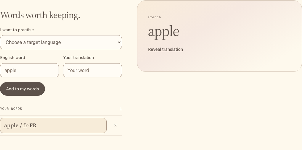 A saved apple and pomme word pair selected in the learner's vocabulary list.