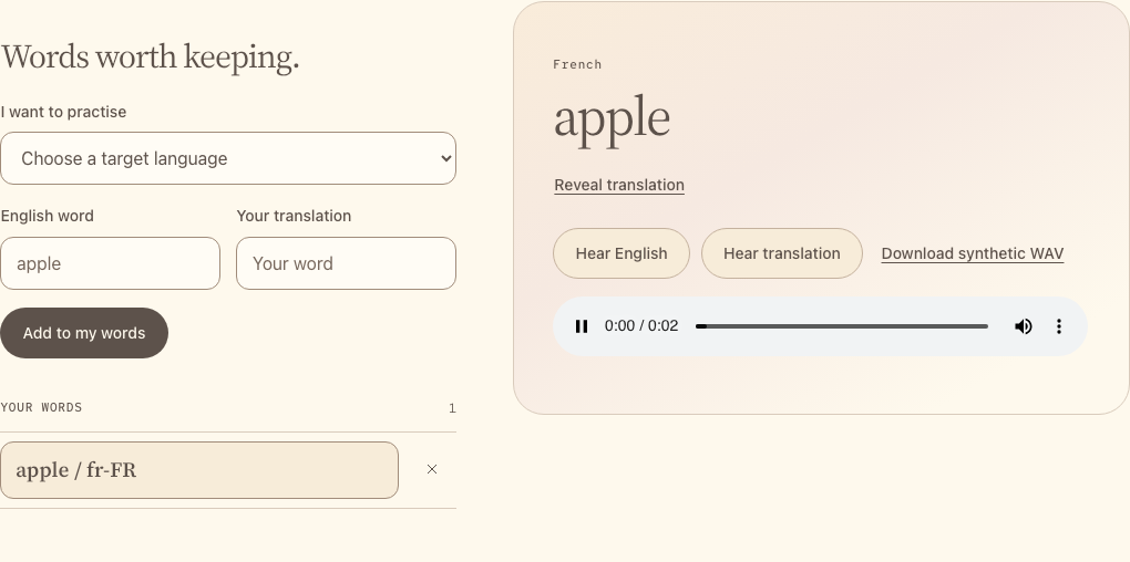 English and translation playback buttons, the synthetic WAV download, and the audio player.