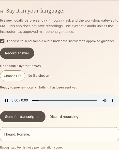 Recording controls, a local audio preview, and the transcript I heard: Pomme.