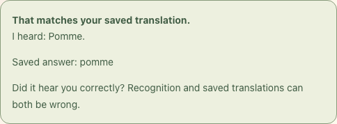 Match feedback showing the recognized word Pomme. and the saved answer pomme.