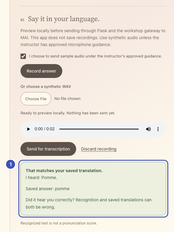 The answer section with one numbered outline around the green card That matches your saved translation.