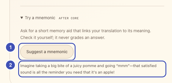 The mnemonic section with two numbered outlines: 1 the Suggest a mnemonic button, 2 the returned suggestion about a juicy pomme.