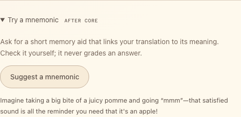 The mnemonic section with a recorded suggestion for pomme.