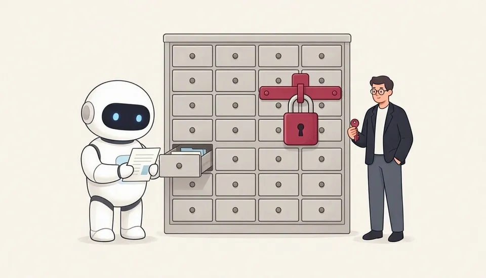 A robot reads a document from an open drawer, while other drawers are held shut by a padlock and an administrator holds the key.