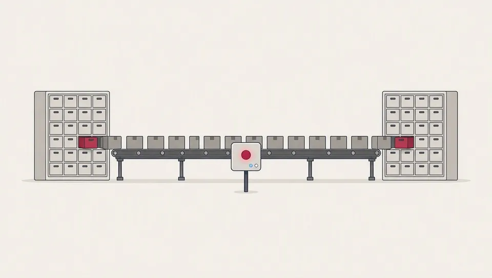 A conveyor belt moves many identical boxes from one cabinet of drawers to another, watched by a small control box.