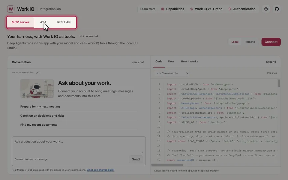 The app with the MCP server, A2A and REST API tabs ringed and the pointer on A2A.