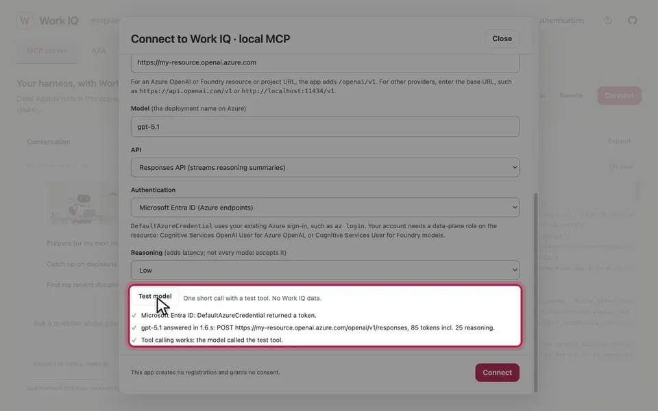 The connect dialog for local MCP with an example model; Test model and its three passed checks are ringed.