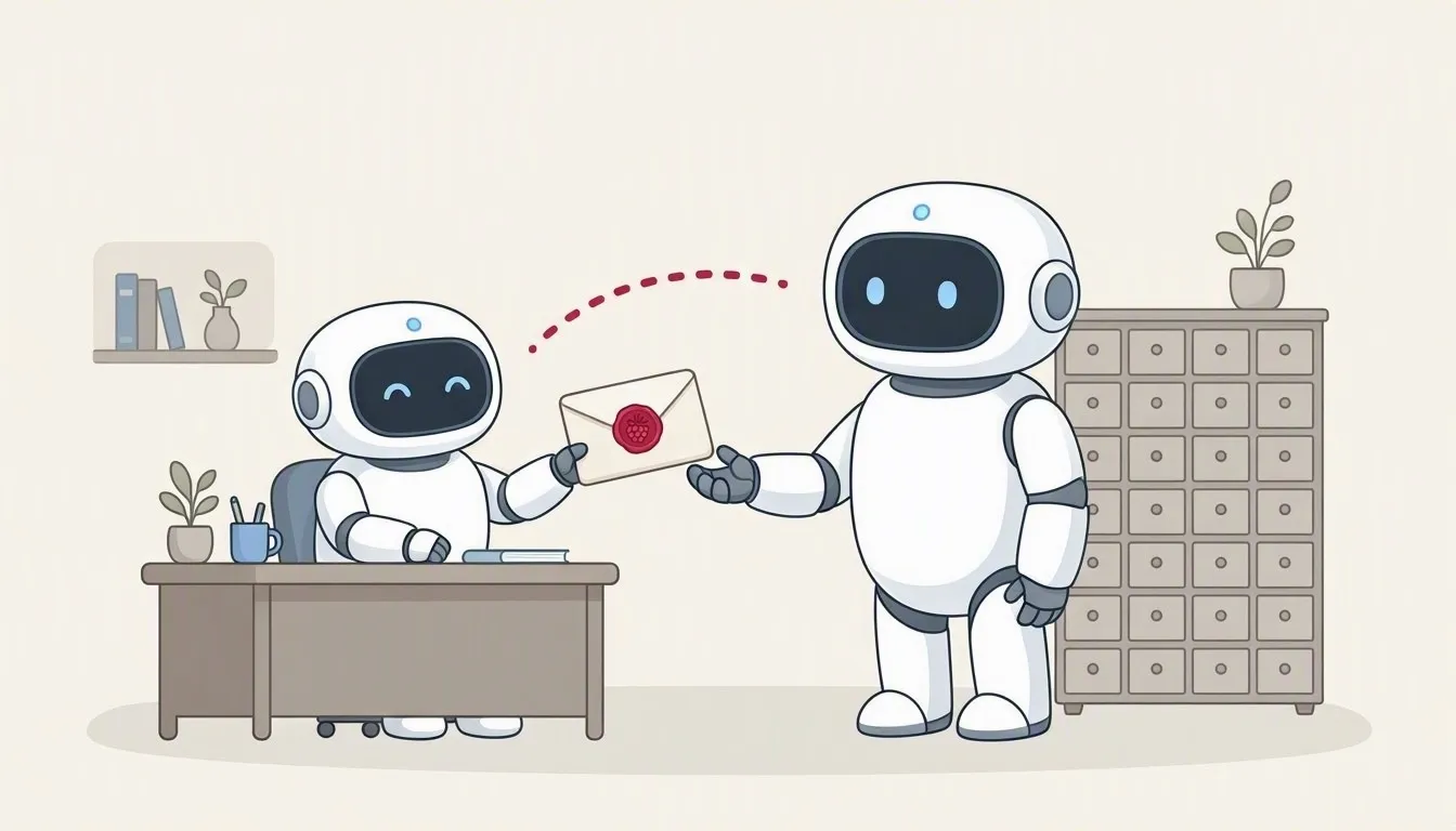 One robot hands a sealed envelope to a second robot, who stands in front of a tall cabinet of drawers.