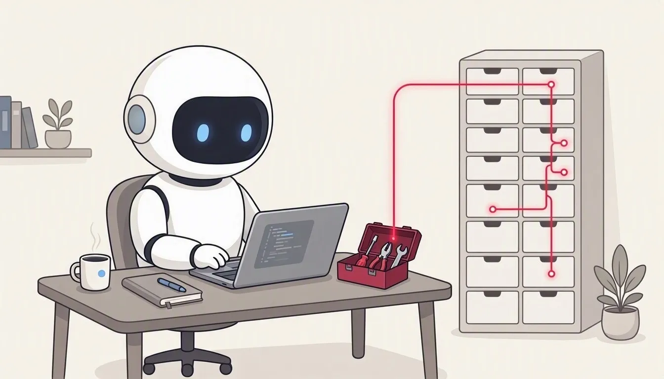 A robot at a laptop takes a tool from a toolbox on its own desk; a line runs from the toolbox to a tall cabinet of drawers.