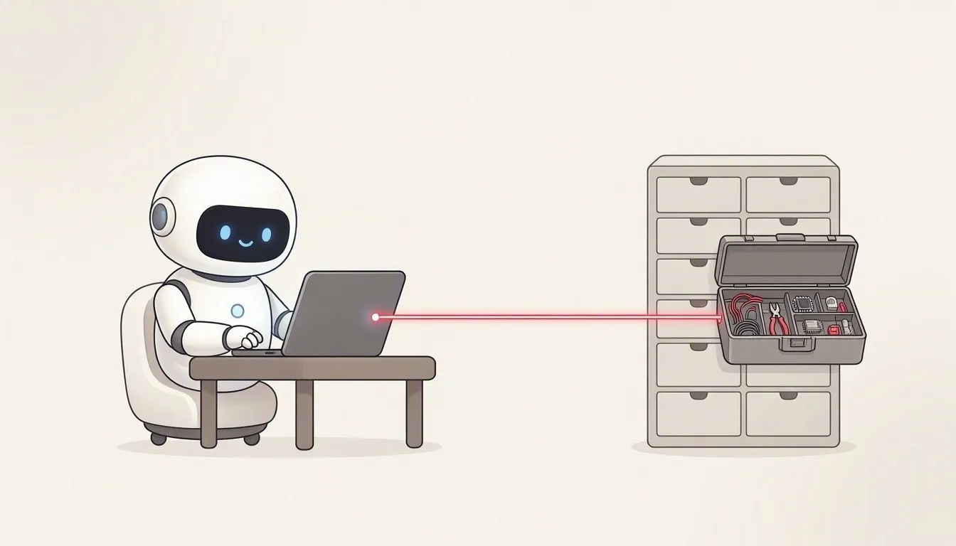 A robot at a laptop with nothing else on the desk; one line runs straight to a toolbox mounted on a tall cabinet of drawers.