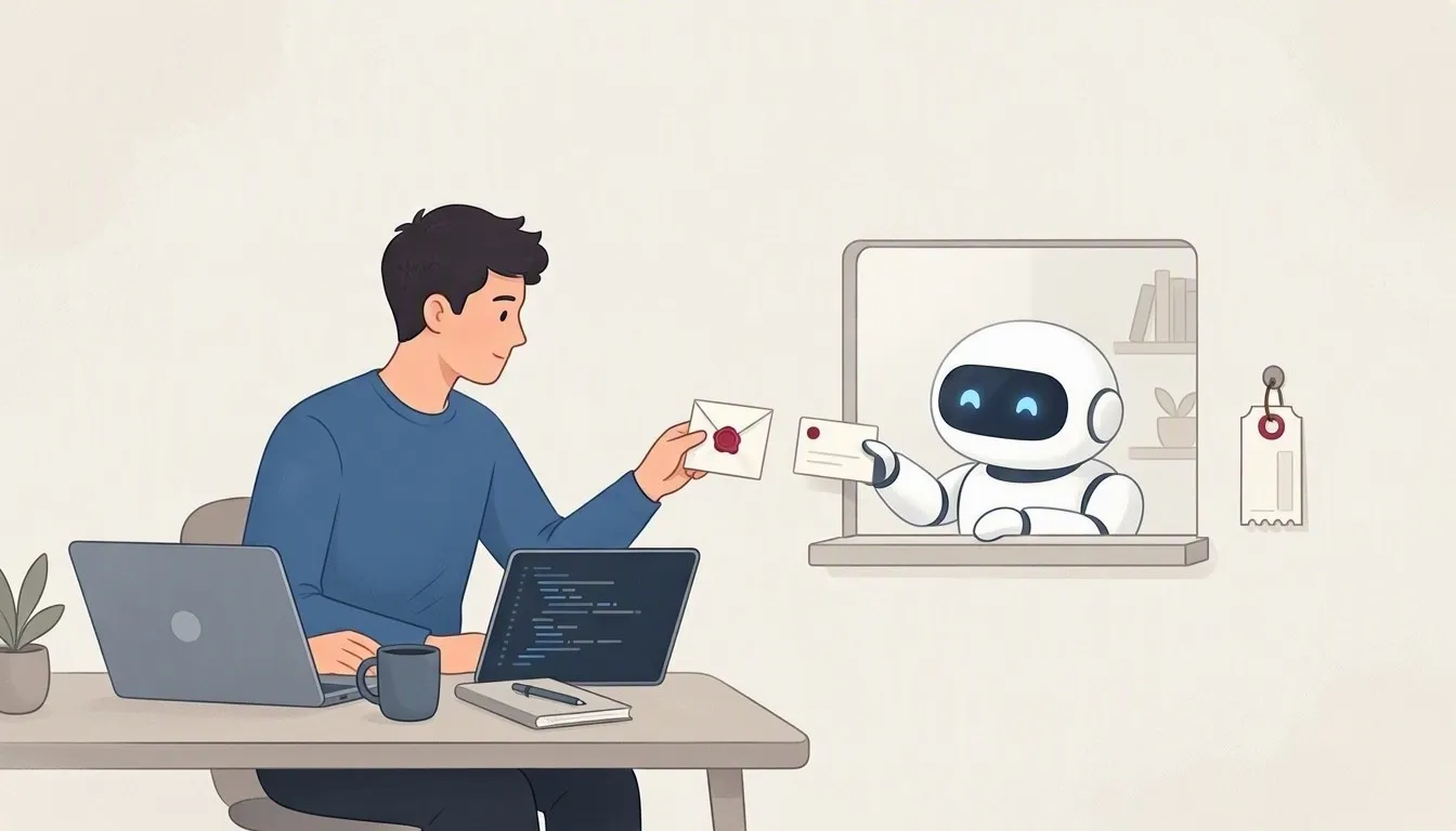 A developer passes a note through a service window; a robot behind it hands back a reply.