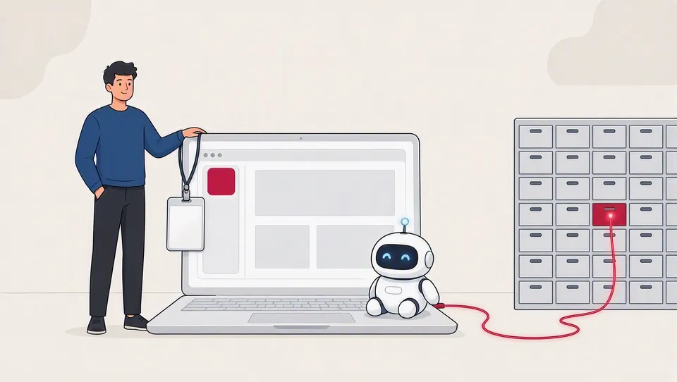 A developer beside a laptop running their own app, with an ID badge on a lanyard and a robot on the keyboard; a line runs to a tall cabinet of drawers.