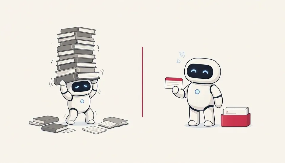 A robot staggers under a towering stack of manuals; beside it, the same robot calmly holds one index card.