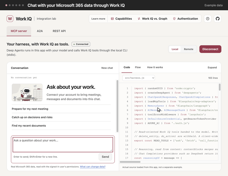 A tour of the app with example data: an answer about the next meeting streams in, each call shows its latency, tokens and estimated Copilot Credits, then the code, the three routes and what each route can read and change.